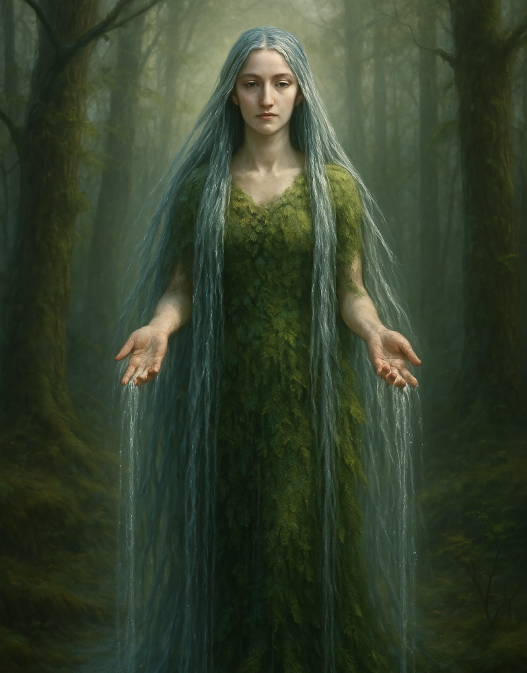 Eine mystische Frau in einem grünen Kleid mit langen, grauen Haaren steht im Wald.