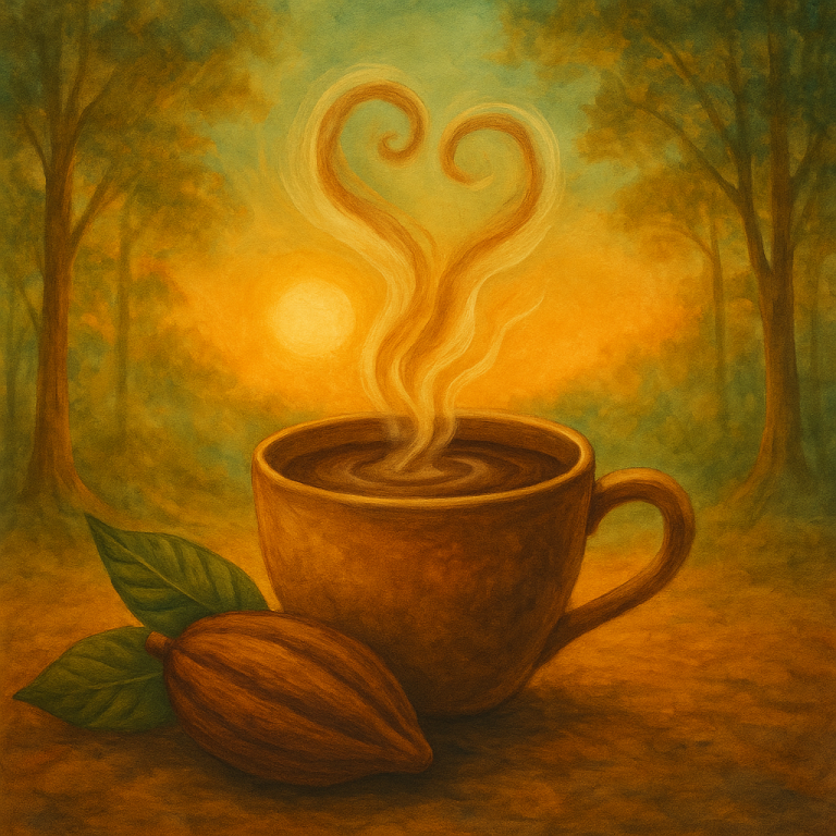 Becher mit dampfendem Getränk, Kakaofrucht und Sonnenuntergang im Hintergrund.