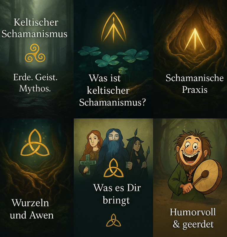 Keltischer Schamanismus mit Symbolen und Figuren, die Natur und Praxis darstellen.