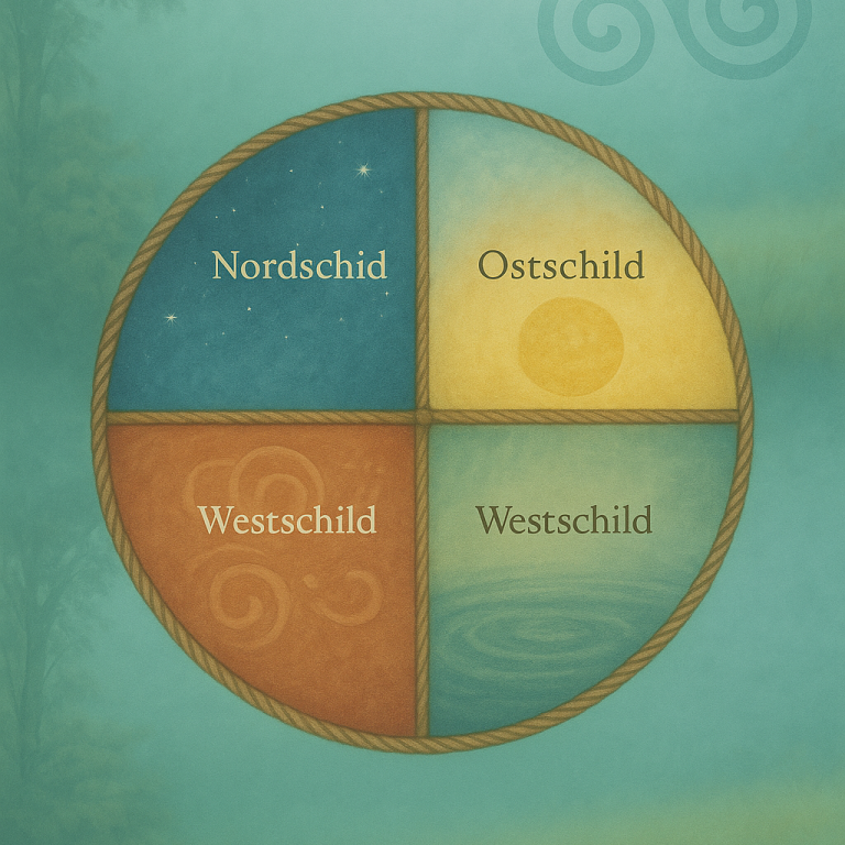 Diagramm mit vier Quadranten: Nord-, Ost-, West- und Südschild, jeweils in verschiedenen Farben.