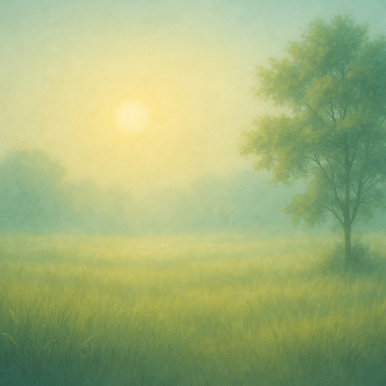 Sanfte Morgenlandschaft mit einem Baum und nebligem Licht, das über grüne Wiesen strahlt.