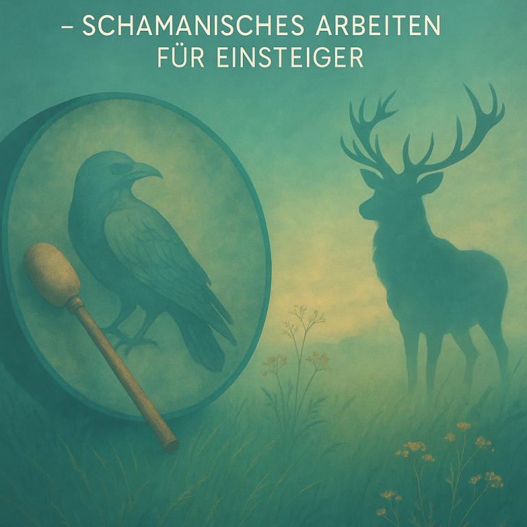 Schamanisches Motiv mit Trommel, Rabe und Hirsch in nebliger Umgebung.