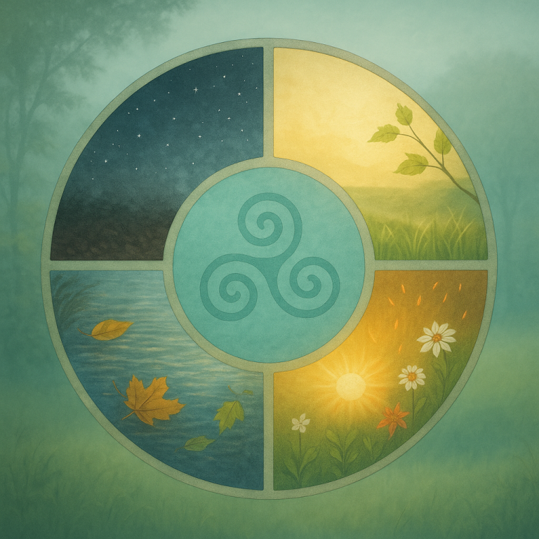 Ein Kreissymbol mit vier Abschnitten, die Jahreszeiten und Natur darstellen.