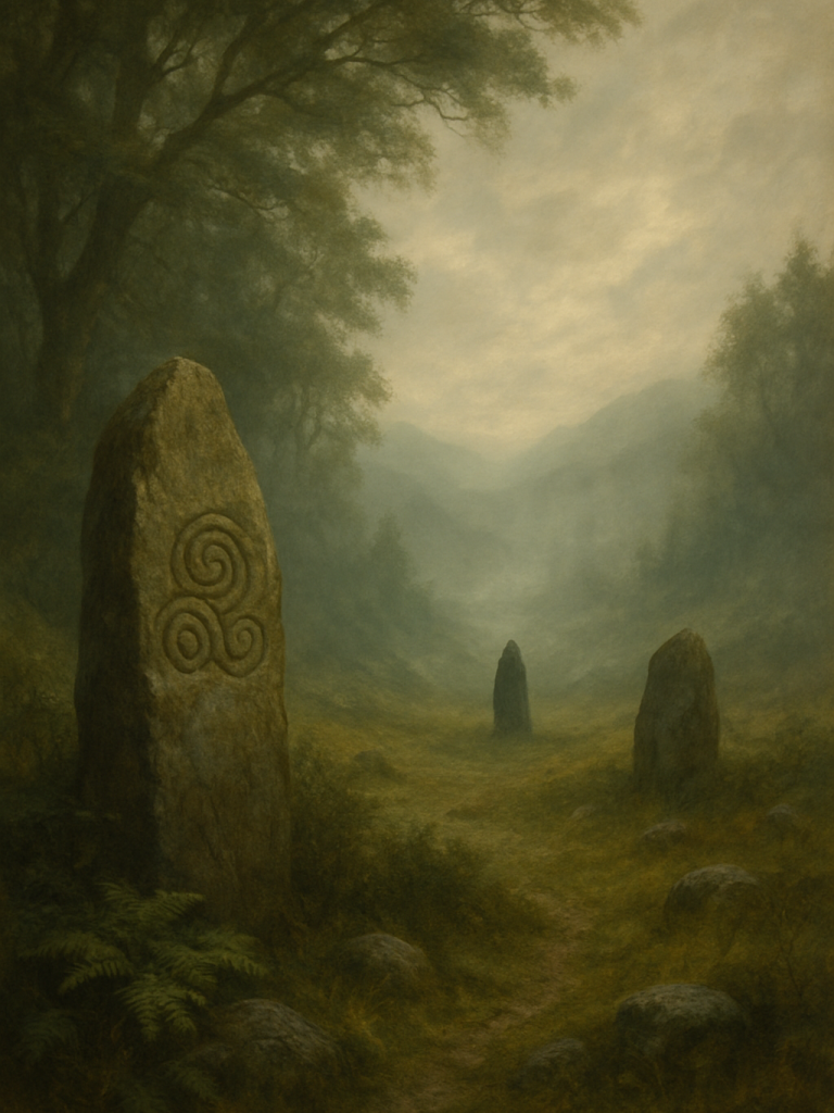 Zwei steinerne Monumente in einer nebligen, bewaldeten Landschaft.