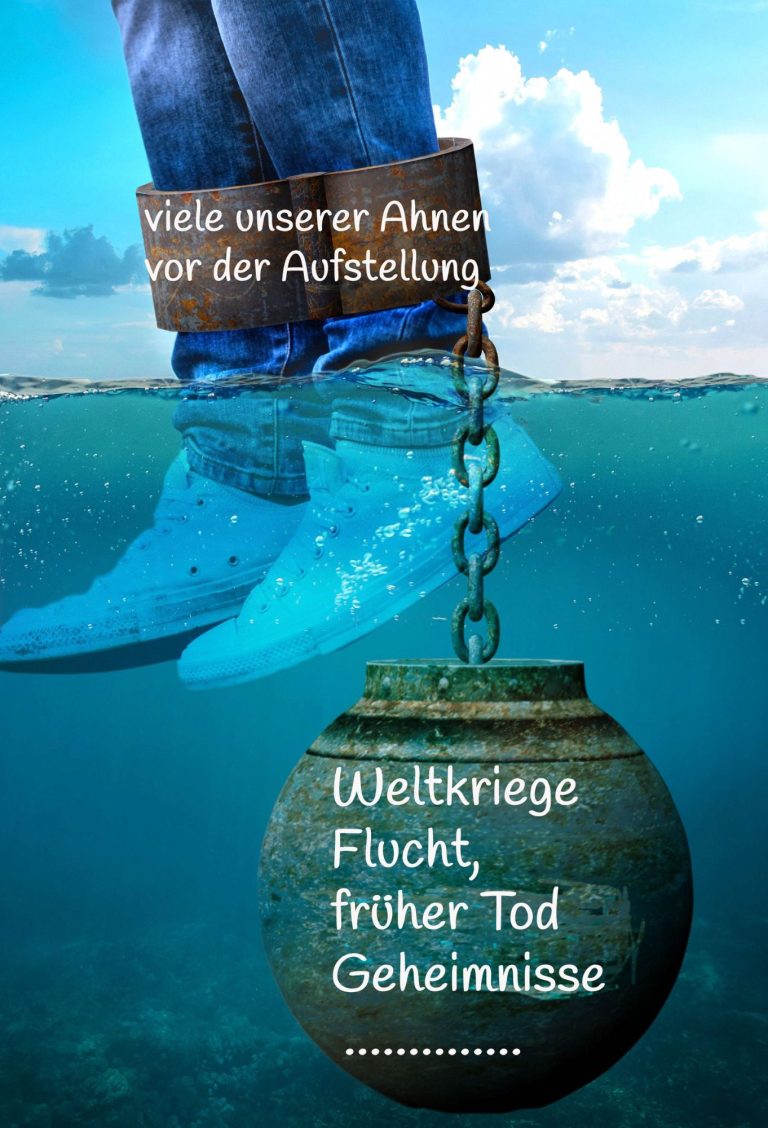 Schuhe über Wasser mit einem großen, festgebundenen Gewicht und Text über Geheimnisse.