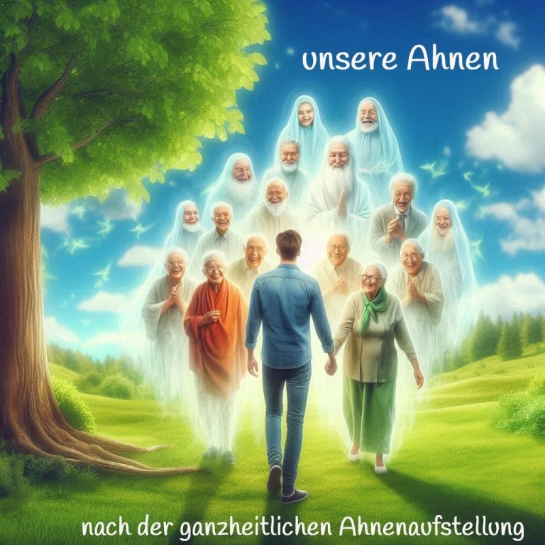 Eine Person steht im Vordergrund, umgeben von lichtvollen Geistern älterer Menschen.